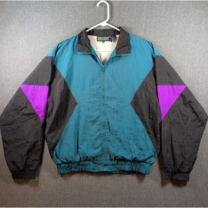 Vtg 90s Windbreaker Jacket Womens M Sports Accent Turquoise Purple Black Nylon